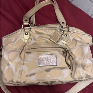 Coach Metallic Beige Signature Satchel with Gold Trim